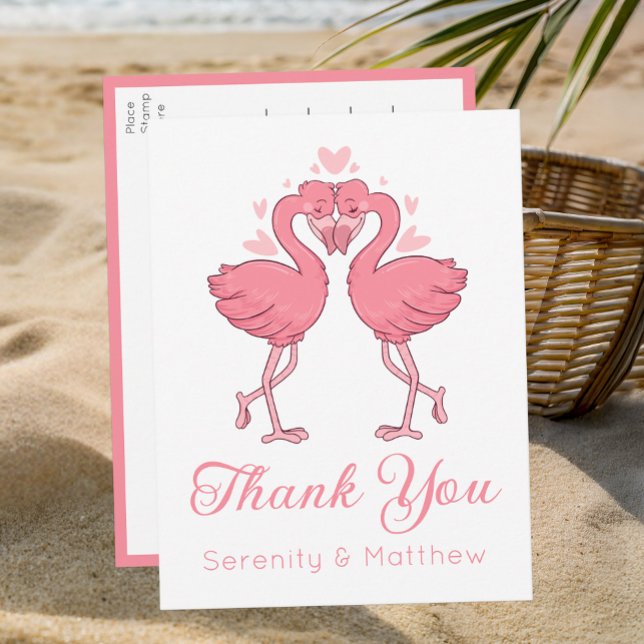 Flamingo Pink Tropical Beach Wedding Thank You Vykort (Skapare uppladdad)