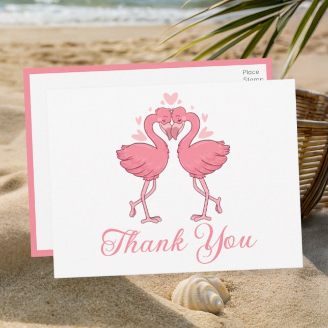 Flamingo Pink Tropical Beach Wedding Thank You Vykort (Skapare uppladdad)