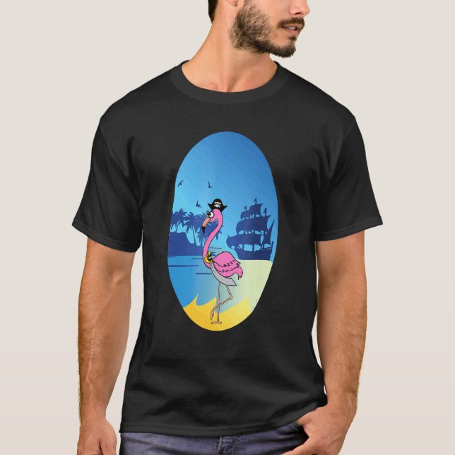 Flamingo Pirate Buccaneer Sea T Shirt (Framsida)