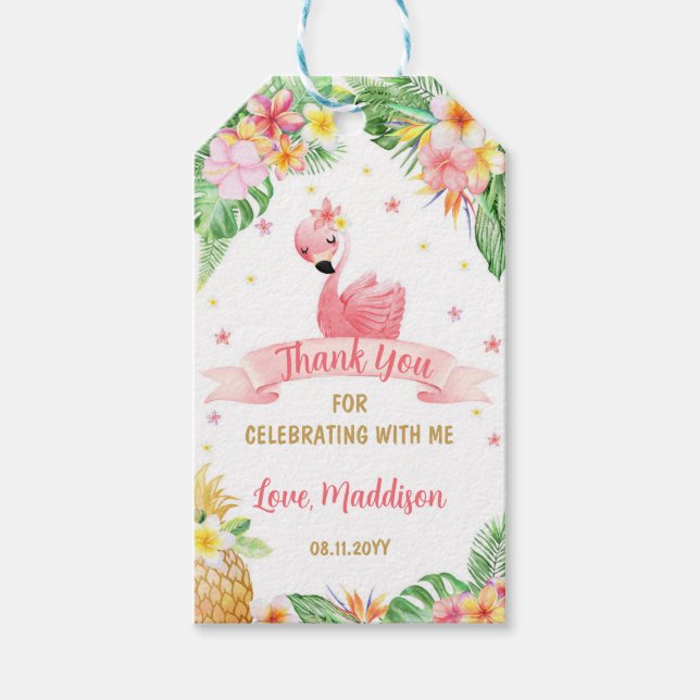 Flamingo Pneapple Tropical Birthday Tack Presentetikett (Framsidan)