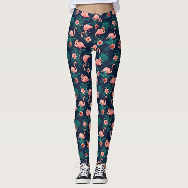 Flamingo Print, Rosa Hibiscus Tropical Flower Leggings (Framsida)