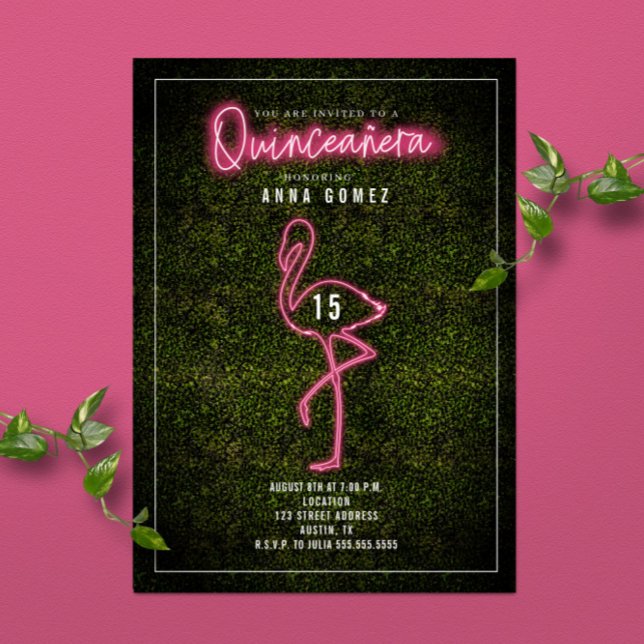 Flamingo Quinceañera Rosa Neonljus Buxbom Inbjudningar (Skapare uppladdad)