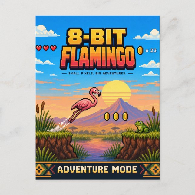Flamingo, Retro 8-Bit Pixel Art Vykort (Framsida)