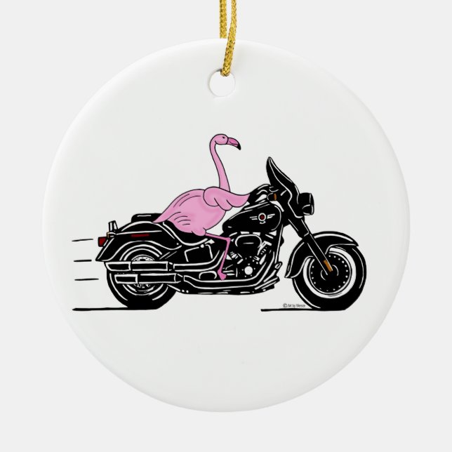 Flamingo Riding A Motorcle Julgransprydnad Keramik (Framsidan)