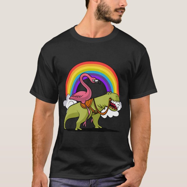 Flamingo Ridning T-Rex Dinosaur T Shirt (Framsida)