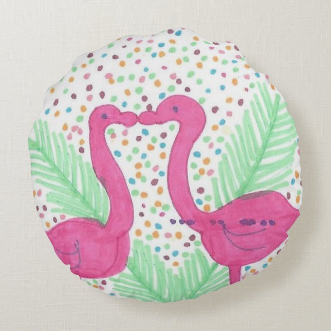 Flamingo Roligt Tropical Mönster Rund Kudde (Baksidan)