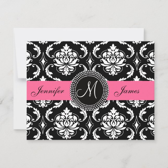 Flamingo Rosa Black Damask Monogram Spara datum Datumet (Framsida)
