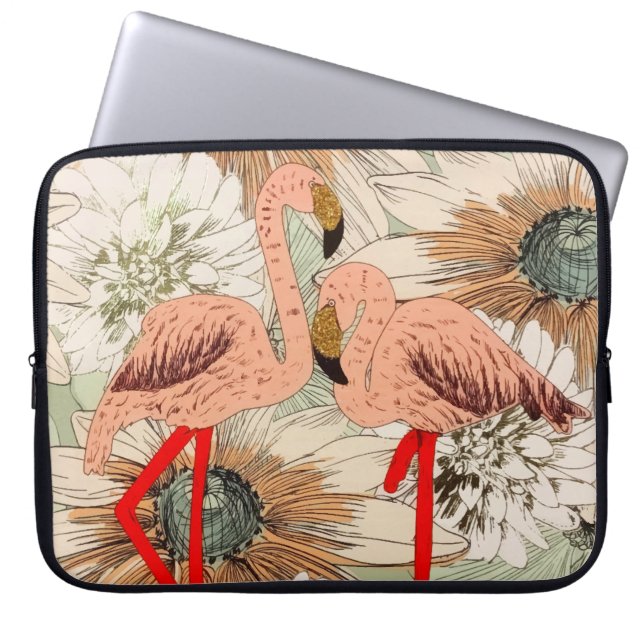 Flamingo Rosa Blommigt Tropical Löv Glitter Laptop Fodral (Framsidan)