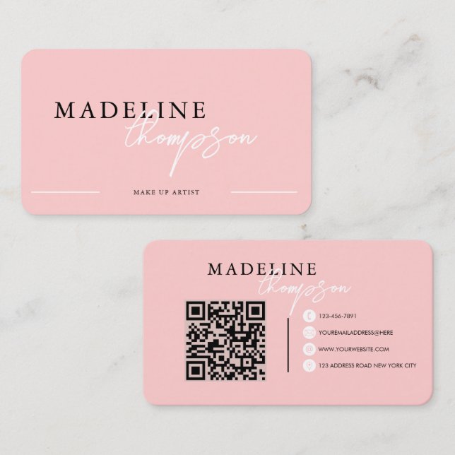 Flamingo Rosa Calligraphy-skript QR-kod Visitkort (Fram/baksida)