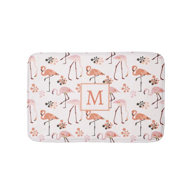 Flamingo Rosa Coral Monogram Mönster Badrumsmatta (Framsidan)
