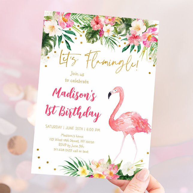 Flamingo Rosa Guld Första födelsedag Inbjudningar (Skapare uppladdad)