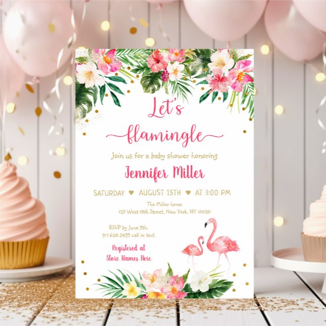 Flamingo Rosa Guld Tropical Blommigt Baby Shower Inbjudningar (Skapare uppladdad)