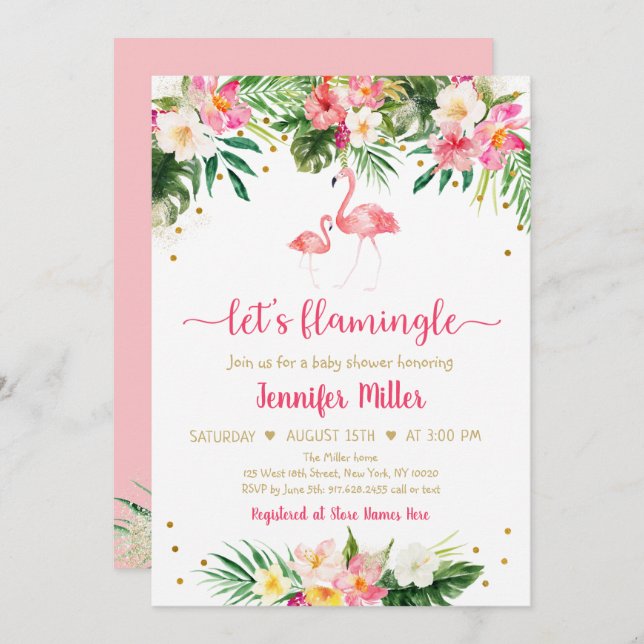 Flamingo Rosa Guld Tropical Blommigt Baby Shower Inbjudningar (Fram/baksida)