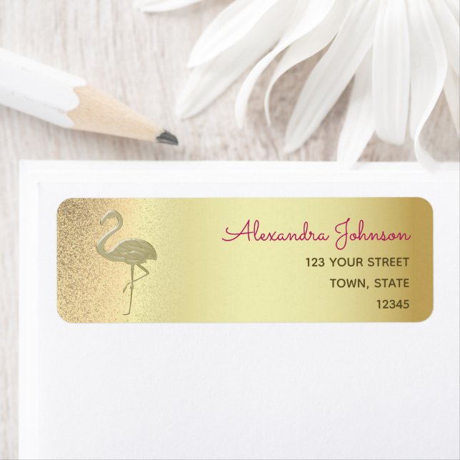 Flamingo Rosa och Guld Glitter Returadress Etikett (Insitu)