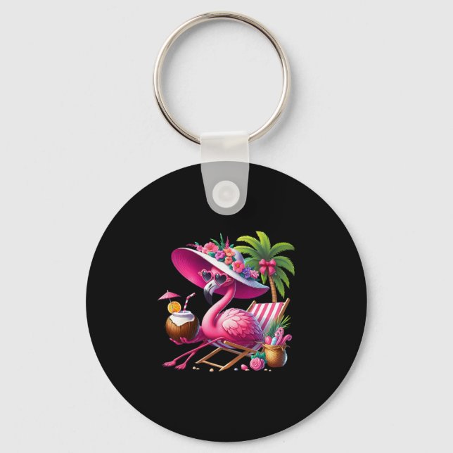 Flamingo Rosa Palmträd Tropisk Strand Sommarlov Nyckelring (Framsida)