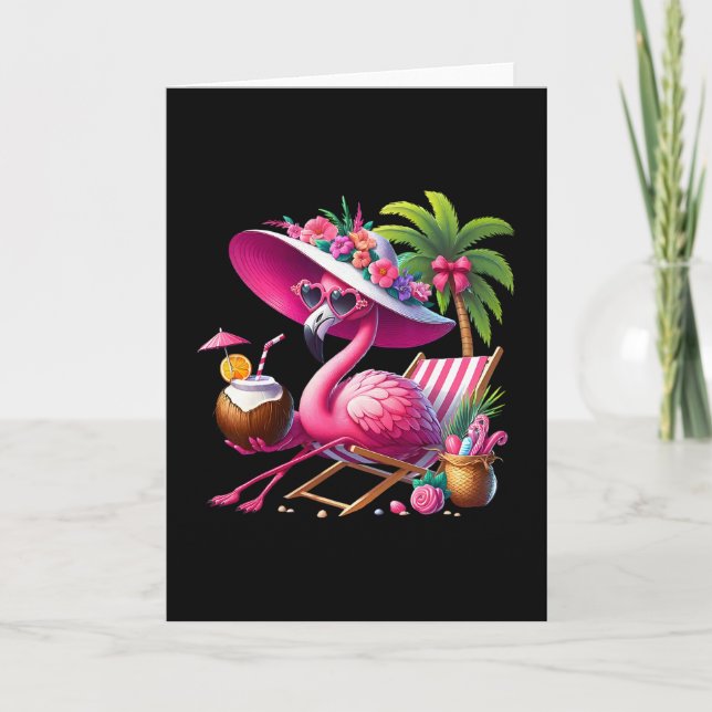 Flamingo Rosa Palmtre Tropisk Strand Sommarledighe Kort (Framsida)