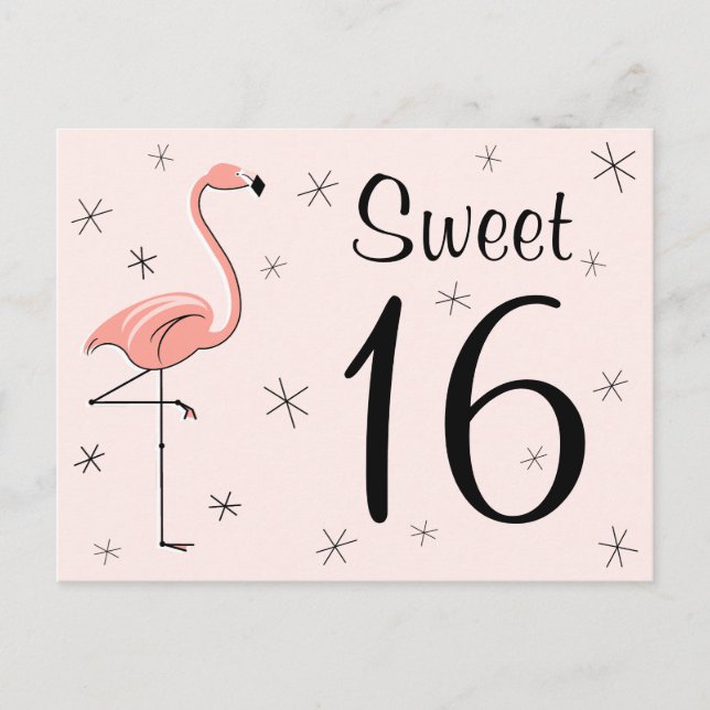 Flamingo Rosa vykort "Sweet 16" (Framsida)
