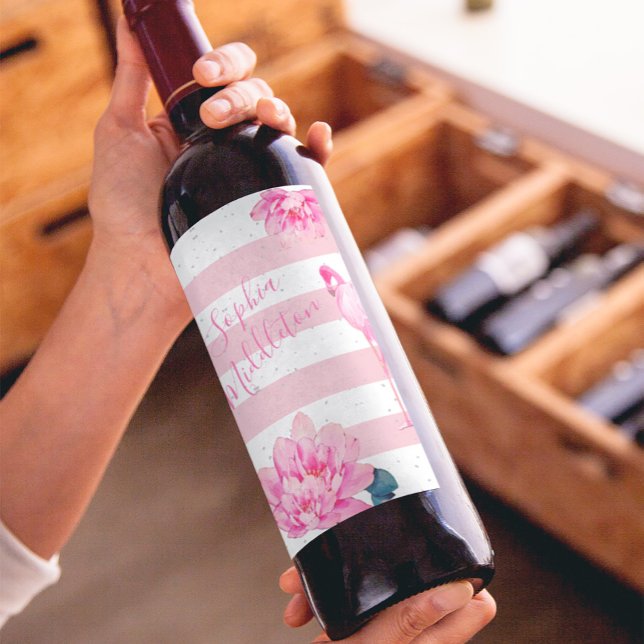 Flamingo Rosa White Rand Blommigt Chic Silver Vinflaska Etikett (Skapare uppladdad)