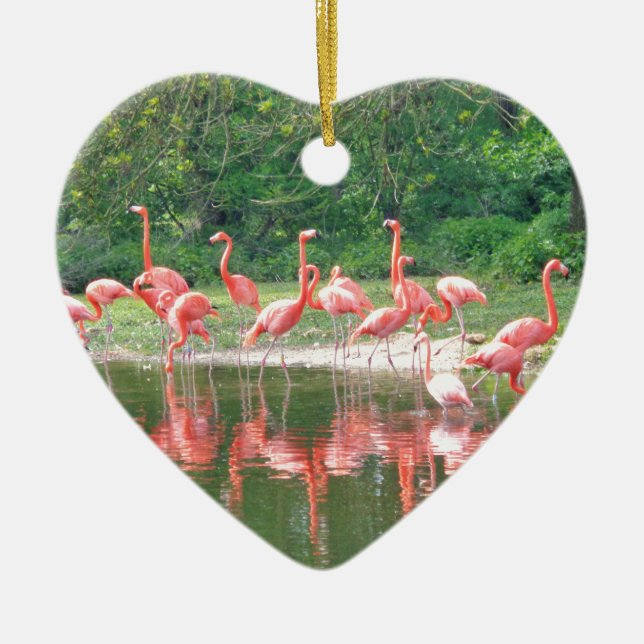 Flamingo Row vid Sjö i Vår,Birds Rosa Wildlife Julgransprydnad Keramik (Framsidan)