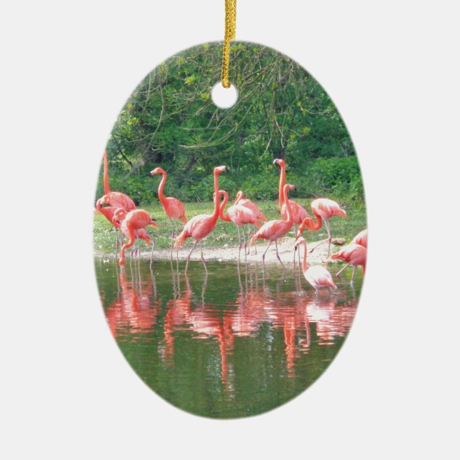 Flamingo Row vid Sjö i Vår,Birds Rosa Wildlife Julgransprydnad Keramik (Framsidan)