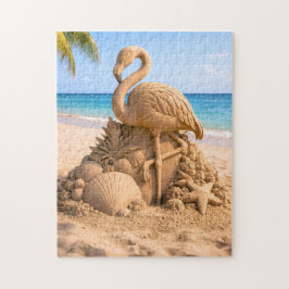 Flamingo Sandskulptur på Tropisk Strand Pussel