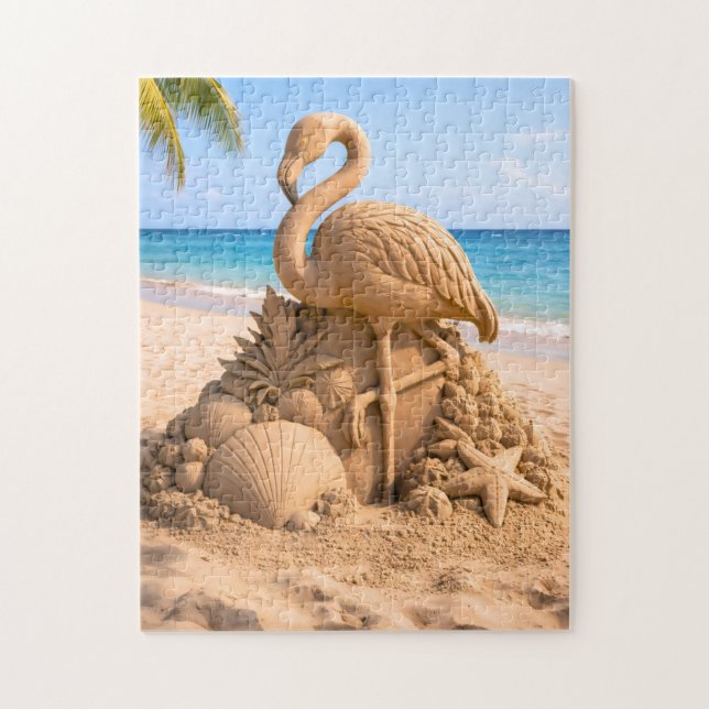 Flamingo Sandskulptur på Tropisk Strand Pussel (Vertikal)