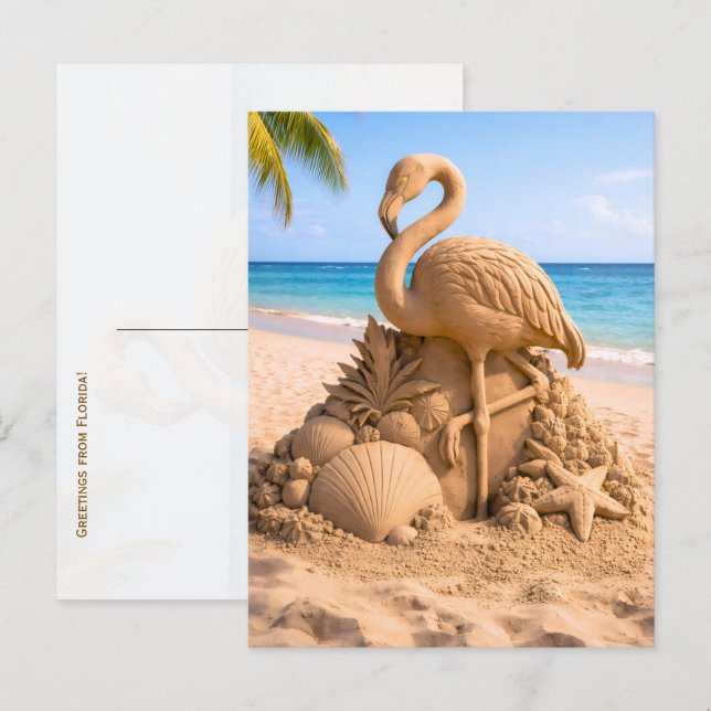 Flamingo Sandskulptur på Tropisk Strand Vykort (Fram/baksida)