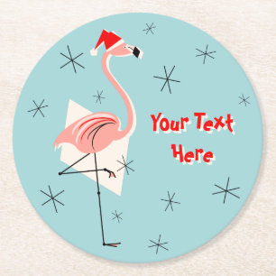 Flamingo Santa Blue Text underlägg round Papper Rund