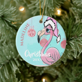 Flamingo Santa Hat Blue Rosa Girly Cute Julgransprydnad Keramik