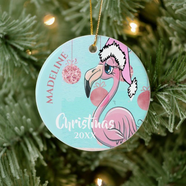 Flamingo Santa Hat Blue Rosa Girly Cute Julgransprydnad Keramik (Träd)