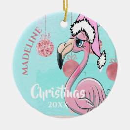 Flamingo Santa Hat Blue Rosa Girly Cute Julgransprydnad Keramik