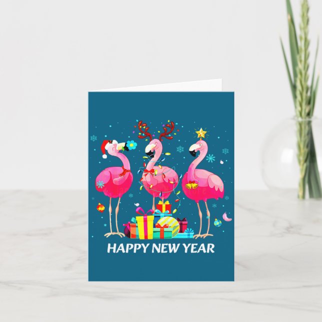 Flamingo Santa Hat Happy New Year Light Long Sleev Kort (Framsida)