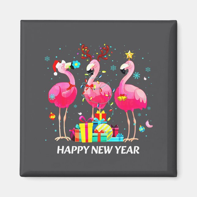 Flamingo Santa Hat Happy New Year Light Long Sleev Magnet (Framsidan)