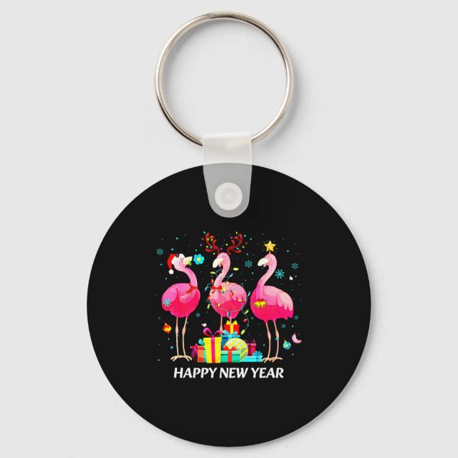 Flamingo Santa Hat Happy New Year Light Long Sleev Nyckelring (Framsida)