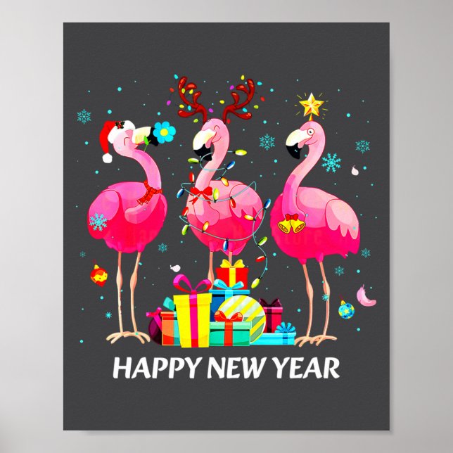 Flamingo Santa Hat Happy New Year Light Long Sleev Poster (Framsidan)