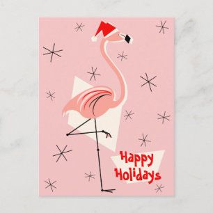 Flamingo Santa Pink Happy Holidays portrait Helg Vykort