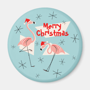 Flamingo Santas Blue God jul magnet round