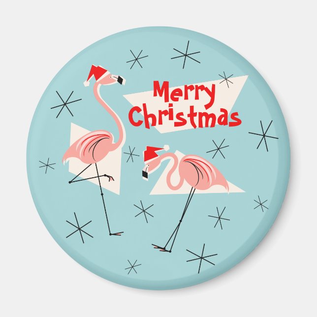 Flamingo Santas Blue God jul magnet round (Framsidan)