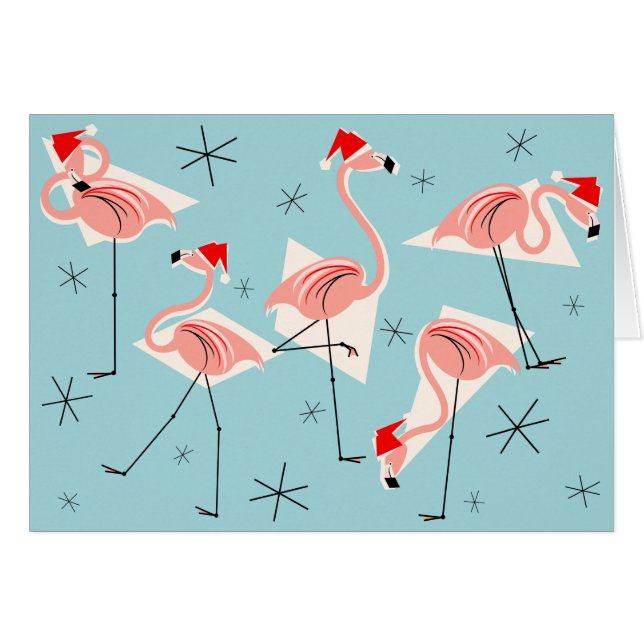 Flamingo Santas Blue God jul vågrät Hälsningskort (Framsidan Horizontal)