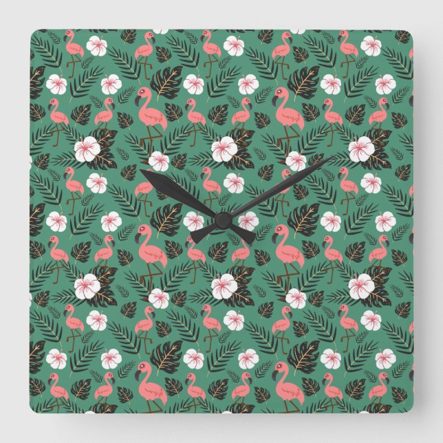 Flamingo seamless pattern pink on green background fyrkantig klocka (Framsida)