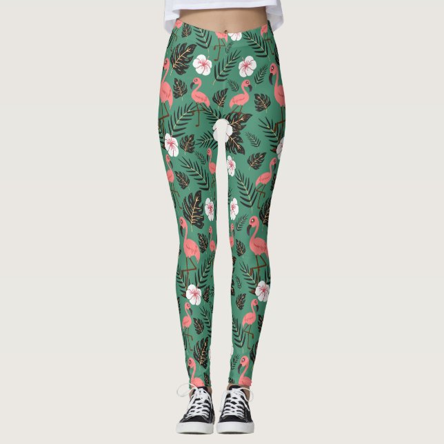 Flamingo seamless pattern pink on green background leggings (Framsida)