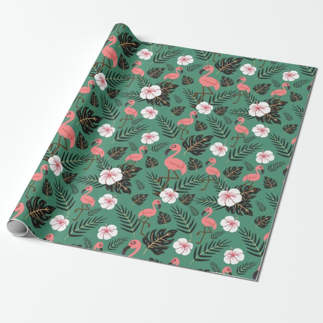 Flamingo seamless pattern pink on green background presentpapper (Utrullad)