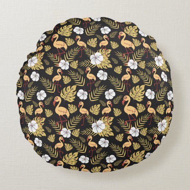 Flamingo seamless pattern yellow and white flowers rund kudde (Framsidan)