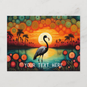 Flamingo Sjö Sunset Handflatan Träd Colorful Blomm Vykort