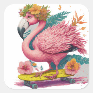 Flamingo Skater - Tropisk Skateboard Vibes Square Fyrkantigt Klistermärke