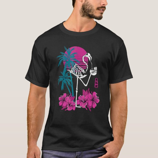 Flamingo Skeleton Flower Retro Crazy Drinking Fla T Shirt (Framsida)