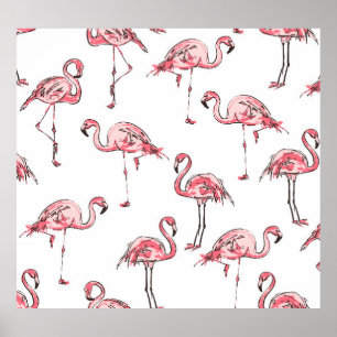 Flamingo Sketch: Tropical Vintage Mönster. Poster