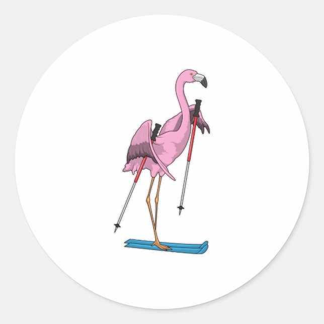 Flamingo Skier Ski Runt Klistermärke (Framsida)
