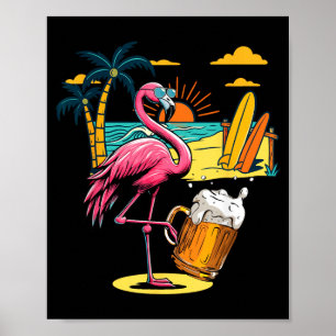 Flamingo Solglasögon Dricker Öl På Strand Roligt Poster