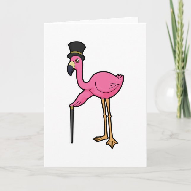 Flamingo som brudgumme med hatt och käpp kort (Framsida)